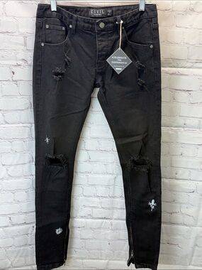 ⭐️Civil Regime Mens distressed ankle zip button fly black jeans SZ 31X32. NWT